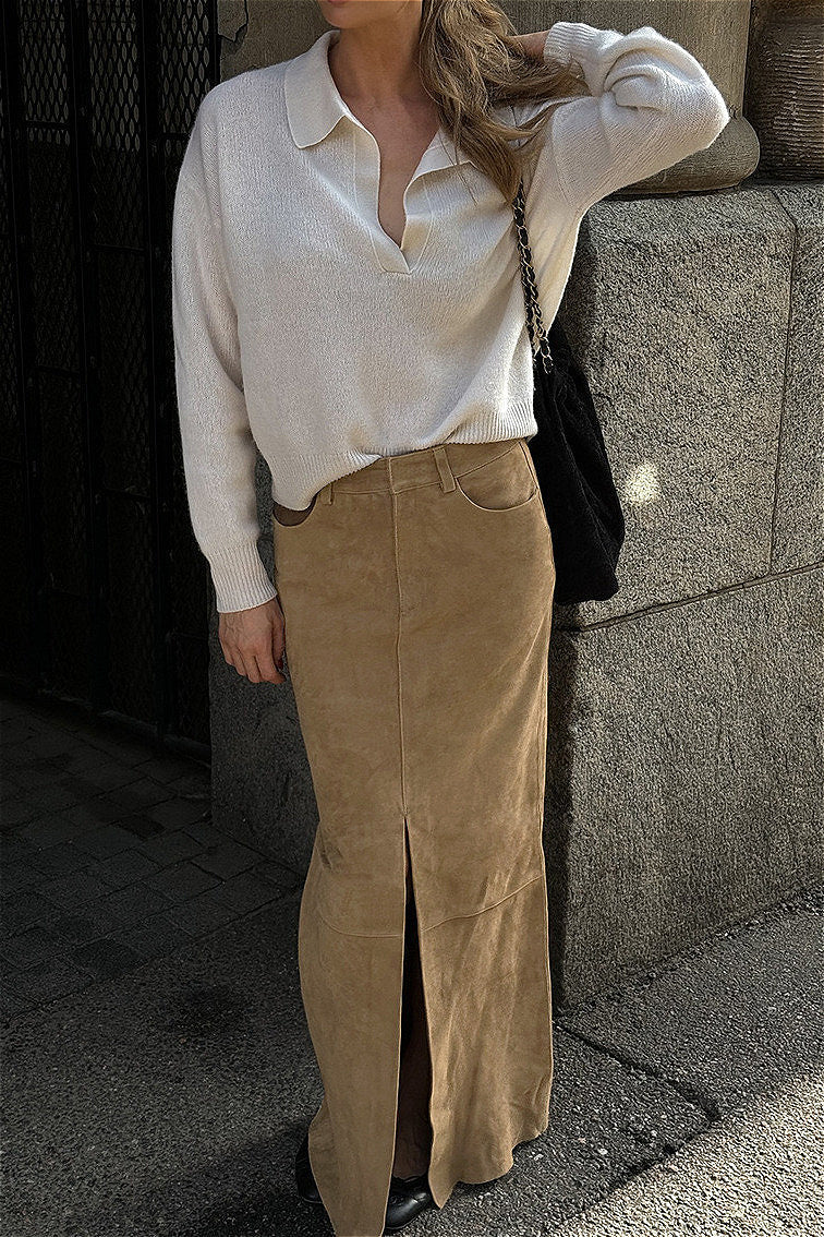 French Retro Suede High Waist Split Maxi Skirt