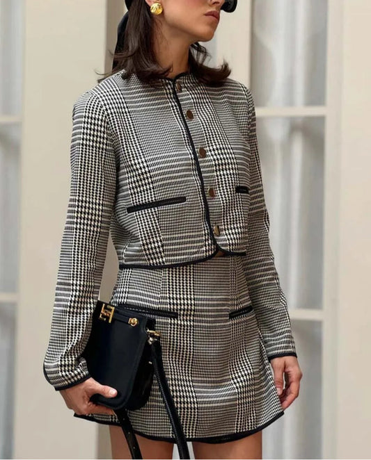 Schwarz bedrucktes Mini-Büro-Zweiteiler-Set mit O-Ausschnitt und Taschen