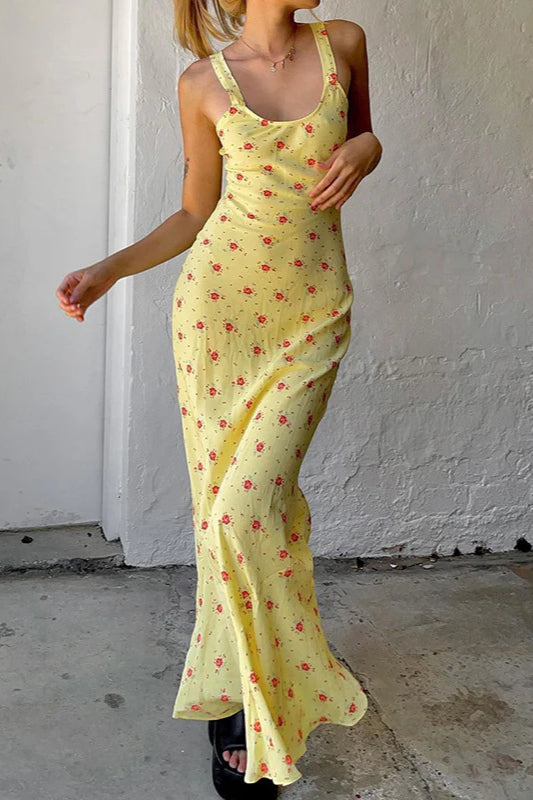 Strapskleid mit Blumendruck, langes Maxikleid mit Fischschwanz 