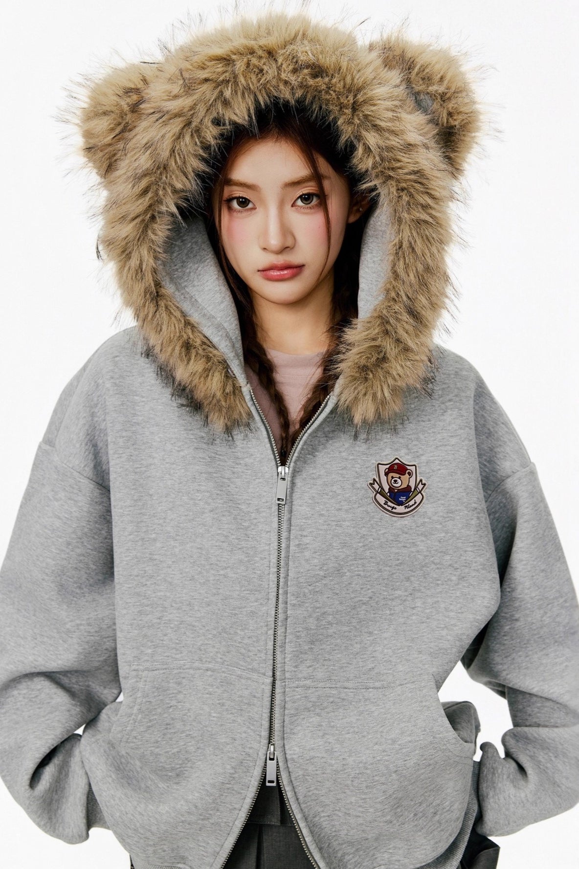 Vintage Bear Ear Fleece Collar Zip Hoodie