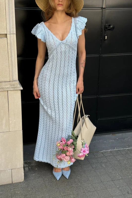 Rückenfreies Boho-Kleid aus Strick mit Rüschen und V-Ausschnitt