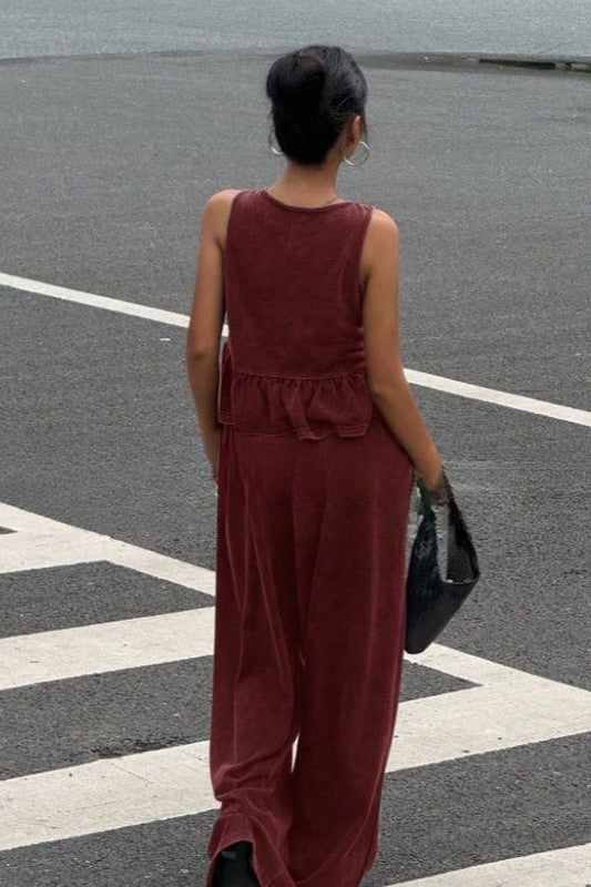 Ruffle V-Neck Sleeveless Top and Wide Leg Pants Set