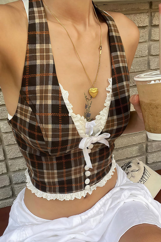 Vintage Grid Sweet Halter Top