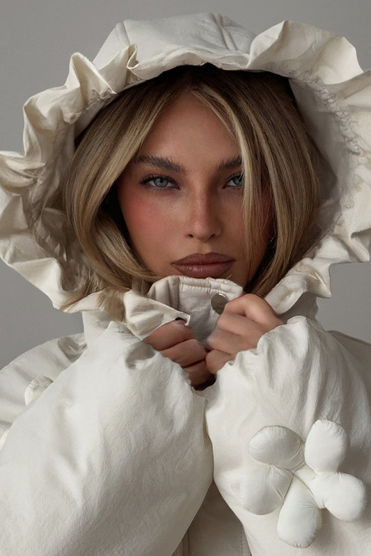 3D Floral Ruffled Hood Cropped Padded Coat