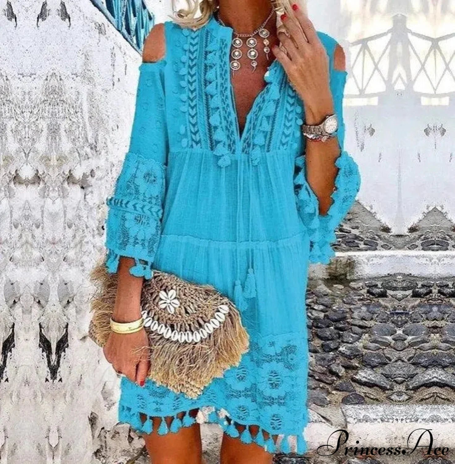 Beach Mini Dress With 3/4 Sleeves S / Purple Lace Boho Dress