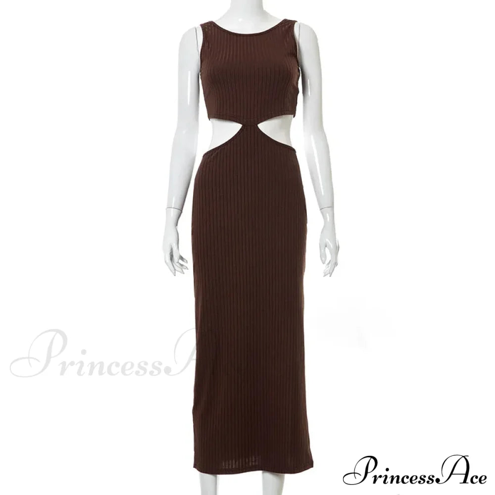 Beach Vacation Long Backless Summer Elegant Woman Clothing Vestidos Cut Out Dress Khaki / S