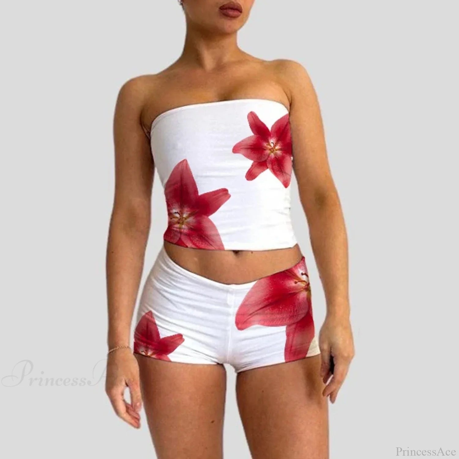 Beach Vacation Lounge Oufits 2 Pice Set Flower Print Strapless Crop Tube Tops Bandeau + Skinny Mini Skirt Wrap Bodycon