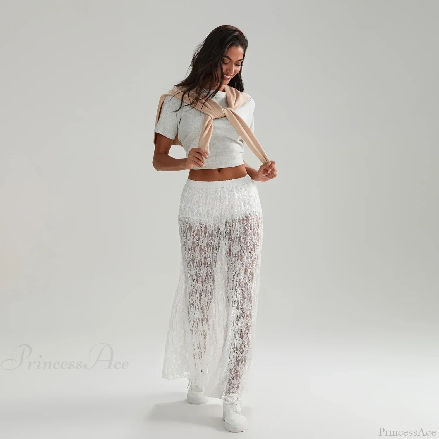 Beachwear Floral Lace Lotus Edge Perspective Long Skirt WHITE / S skirt-250126