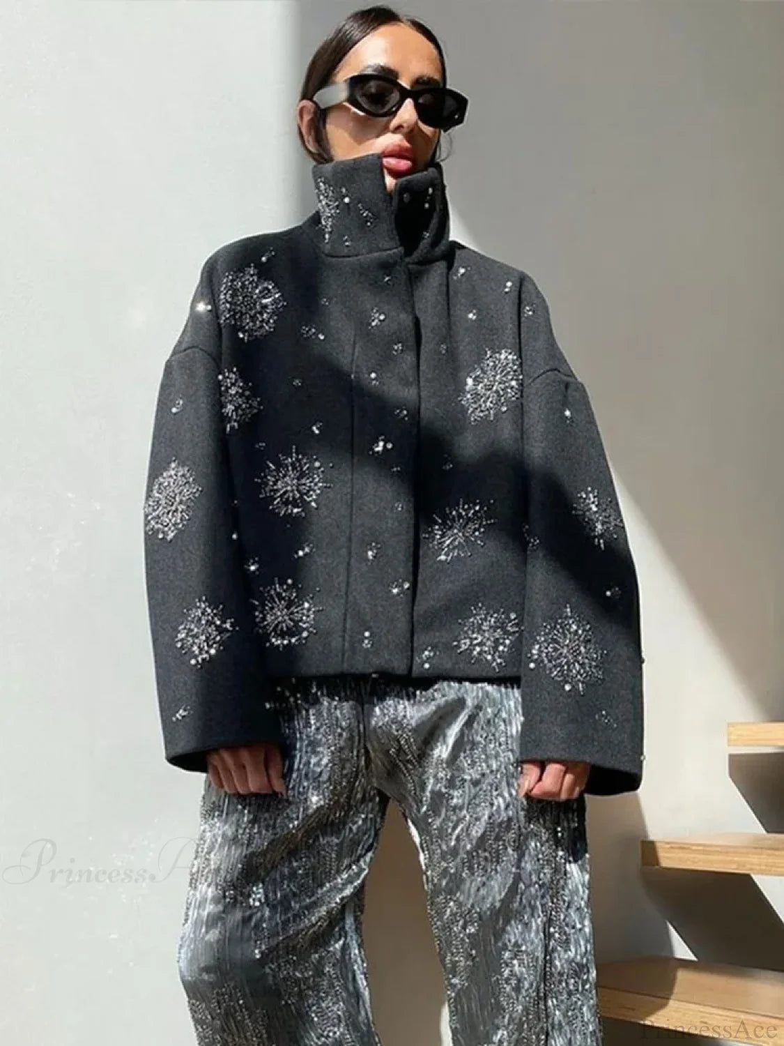 Beaded Flower Sequin Stand Collar Overcoat