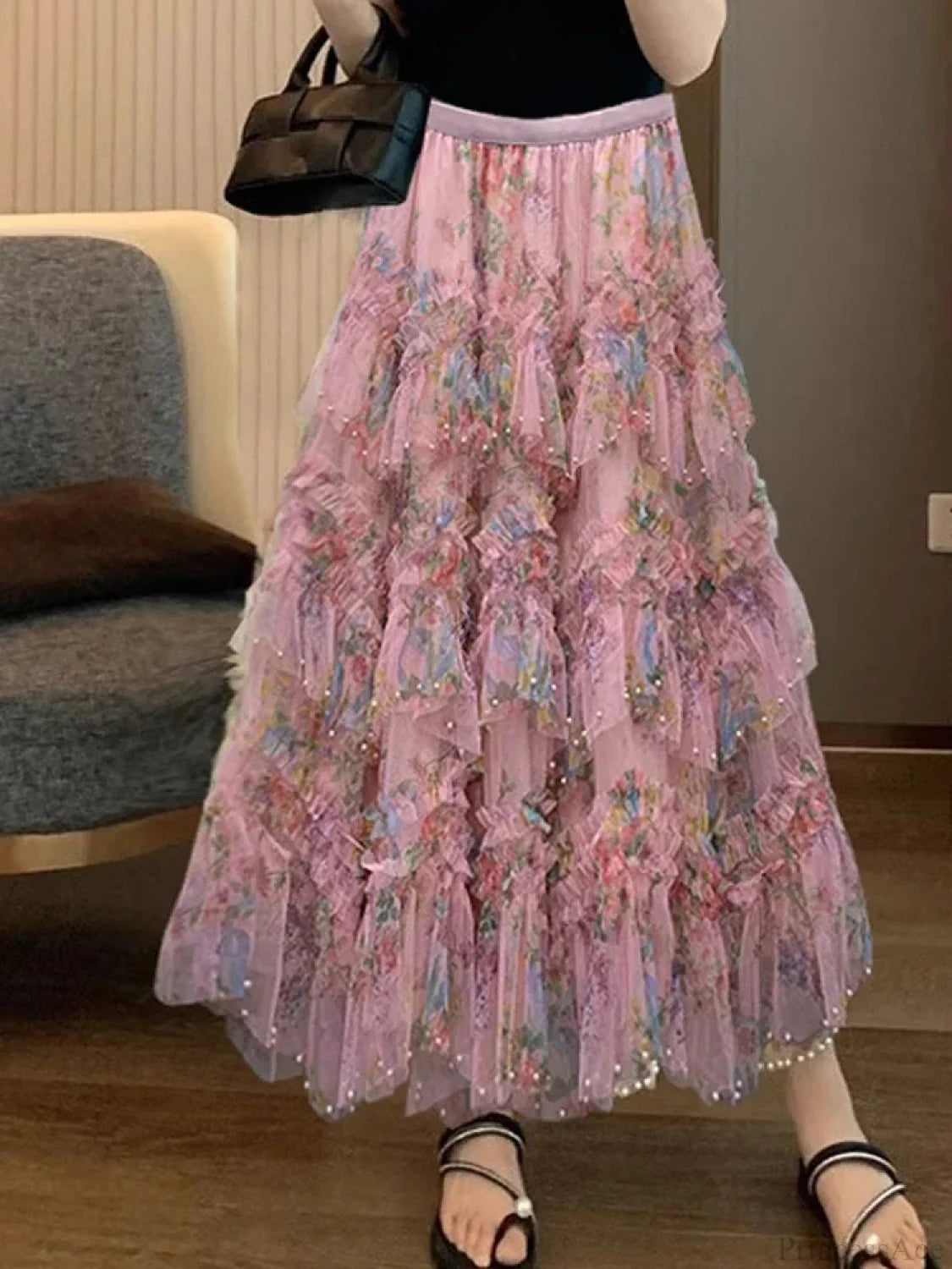 Beading Elegant Asymmetrical Mesh Tulle Skirt Pink / One Size skirt-250126