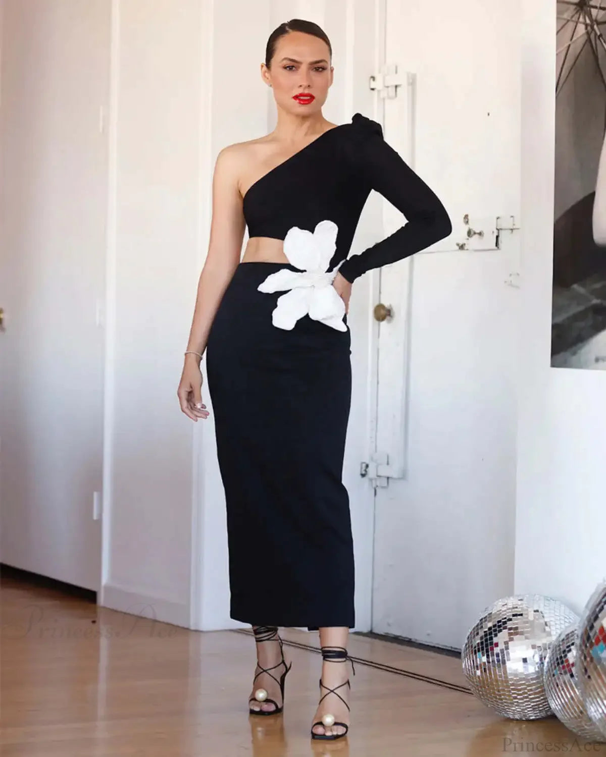 Beading Flower One-Shoulder Party Dress Partydress-241208