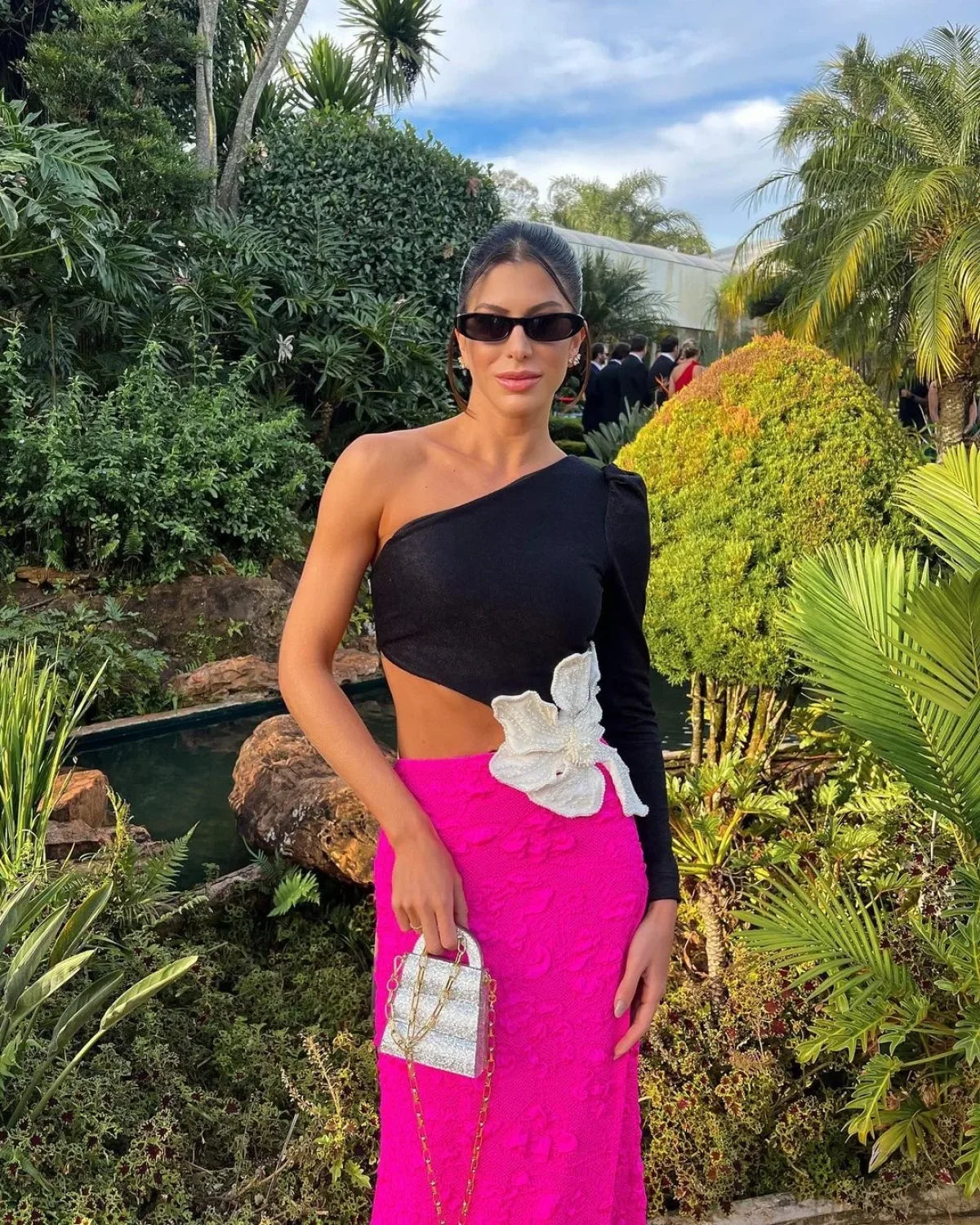 Beading Flower One-Shoulder Party Dress Rose Red / S Partydress-241208