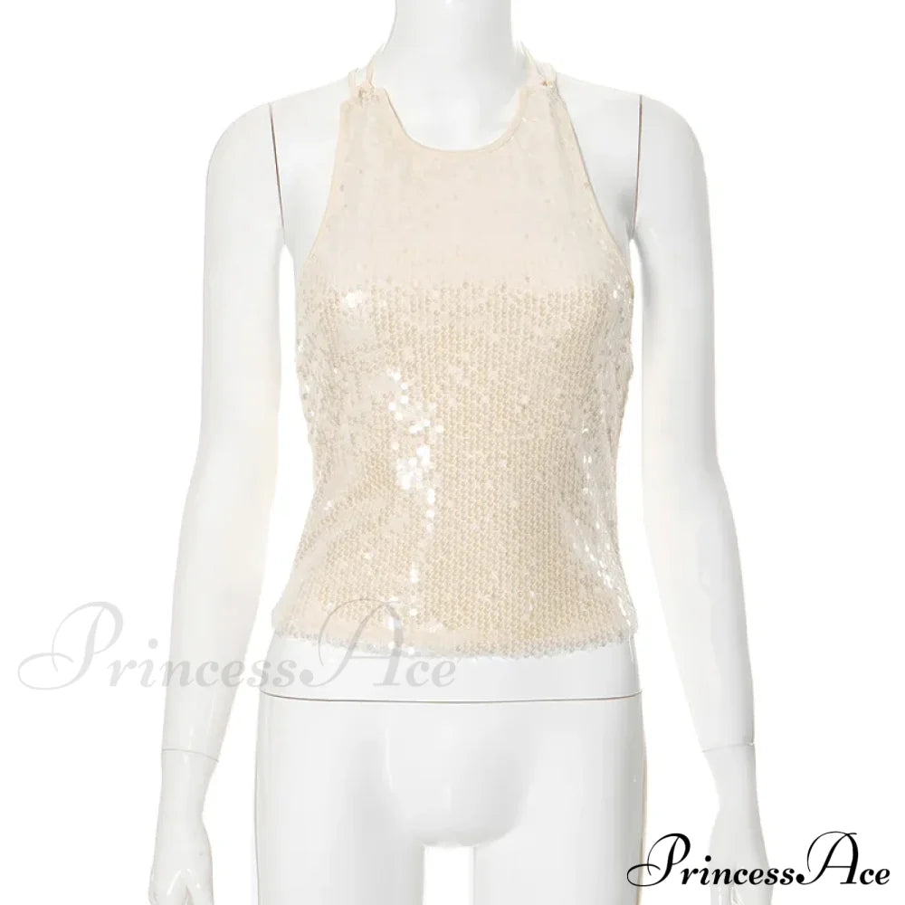 Beige Sequin Stylish Tank Top