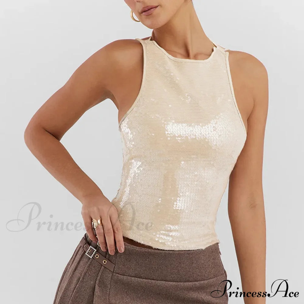 Beige Sequin Stylish Tank Top