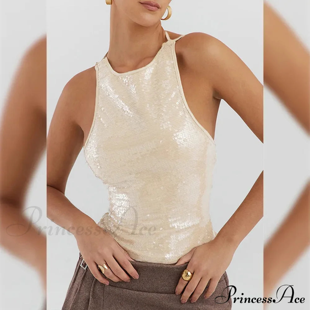 Beige Sequin Stylish Tank Top Apricot / L