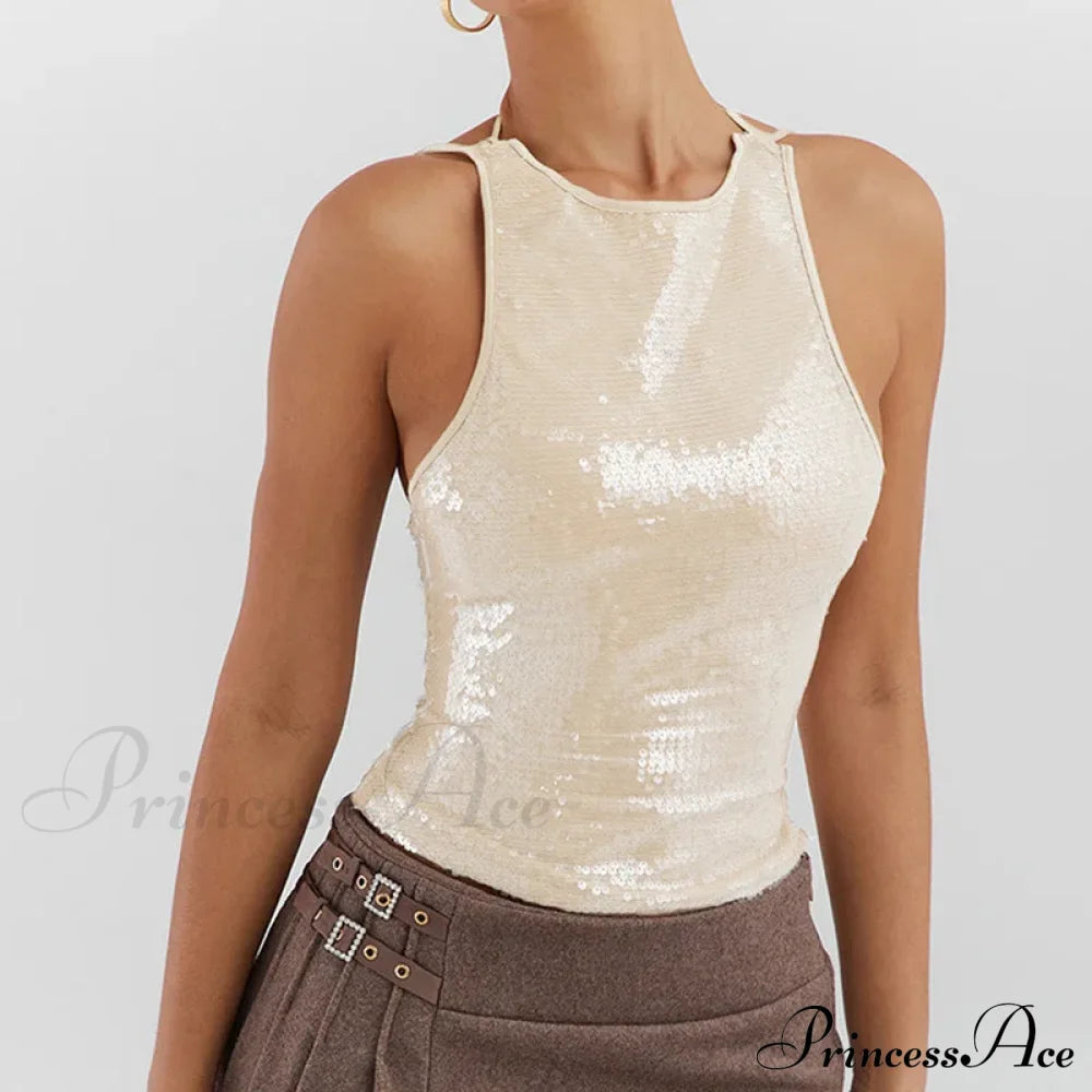 Beige Sequin Stylish Tank Top Apricot / S