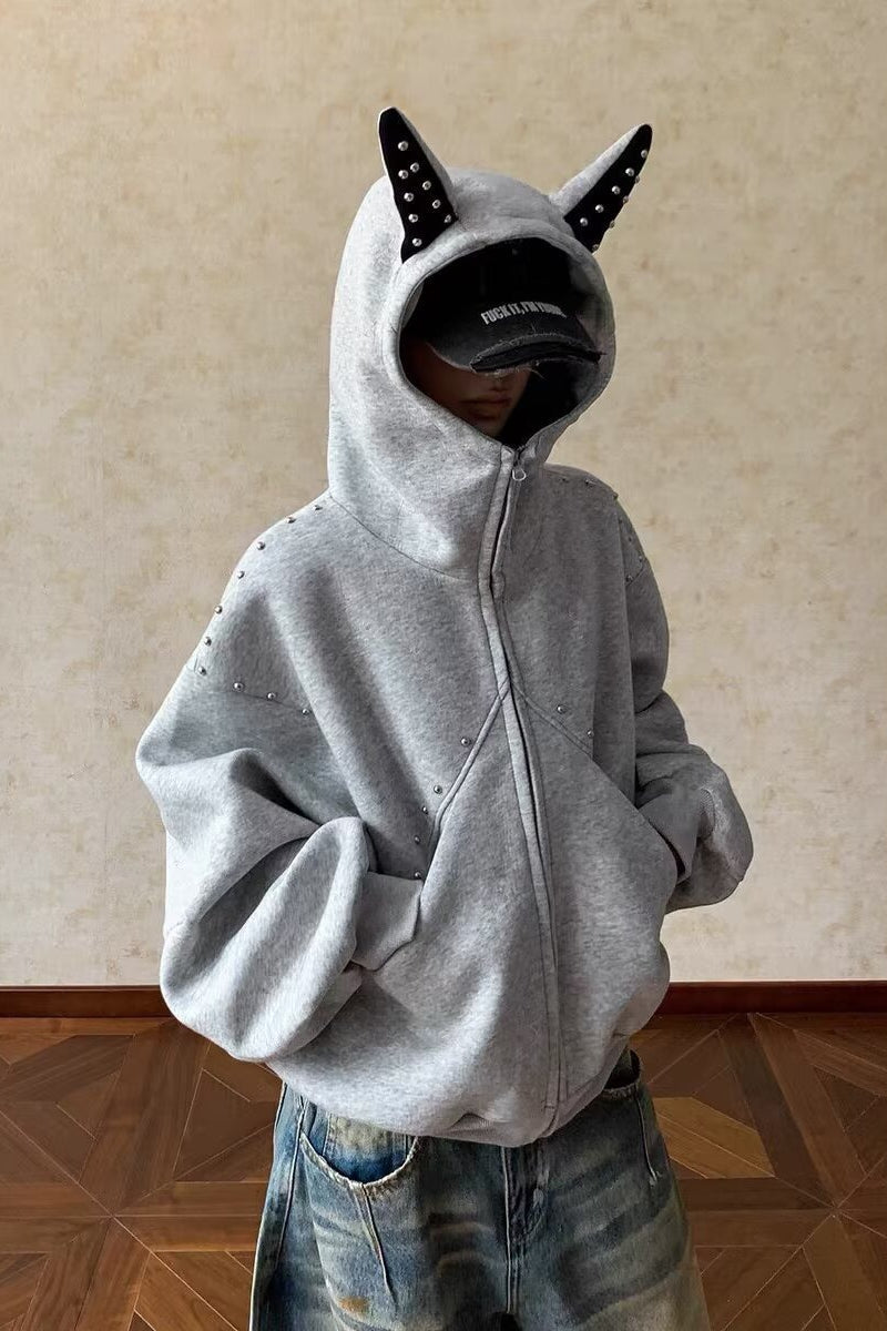Doberman Ear Trimmed Rivet Patchwork Cropped Zip Hoodie