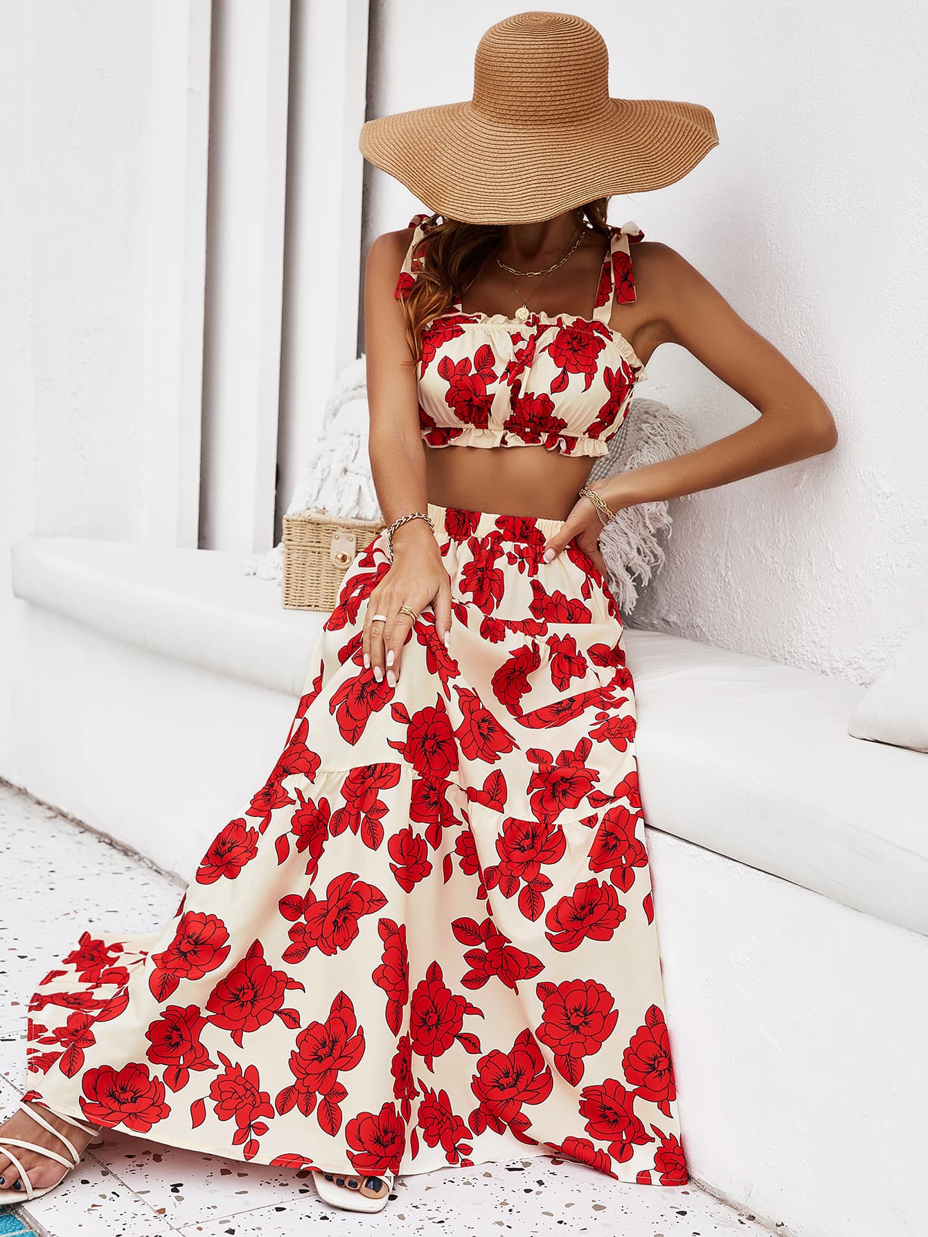 Skirt Tie Tiered Top With Full-Length Flowered Shoulder Set