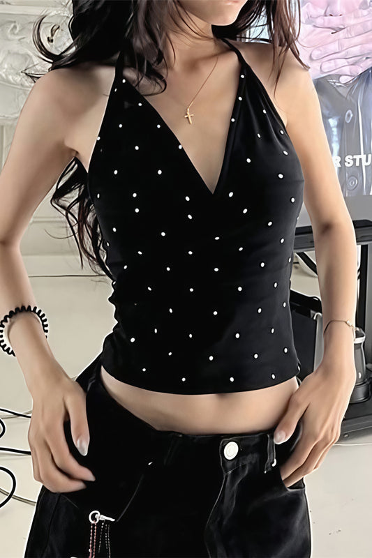 Polka Dot V Neck Cropped Halter Top