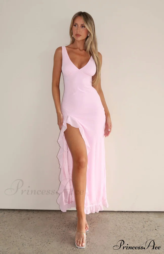 Bianca Slit Stylish Maxi Ruffled Dress Pink / S