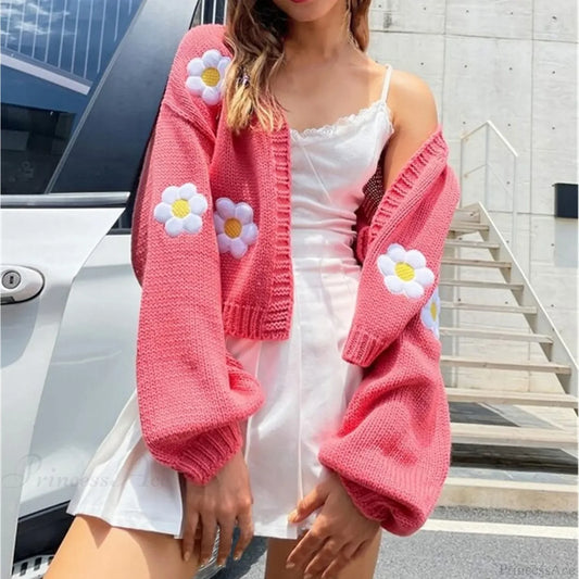 Big Flower Embroidery Warm Long Sleeve Open Stitch Cardigan cardiagn-250126