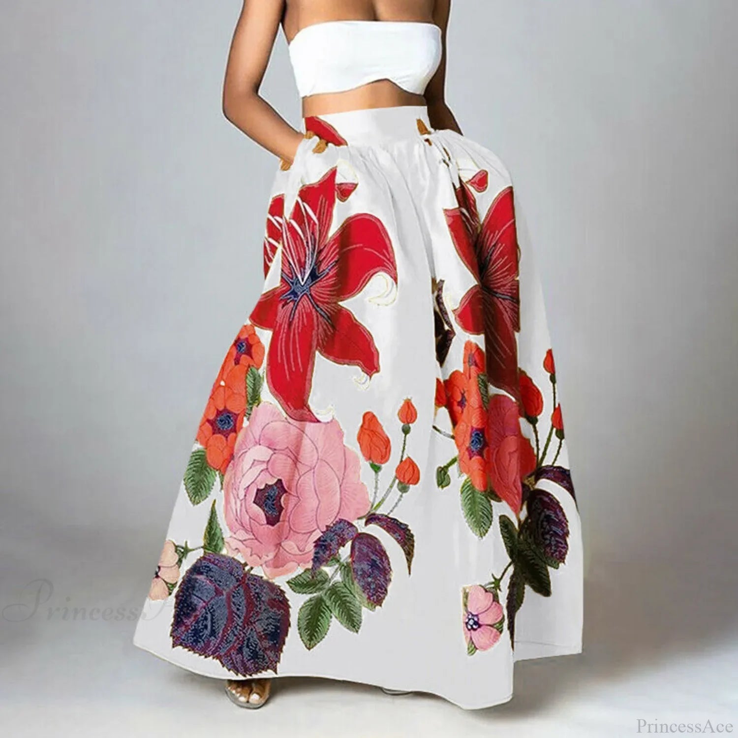 Big Flower Printed A-Line High Waist Long Maxi Skirt White1 / S skirt-250126