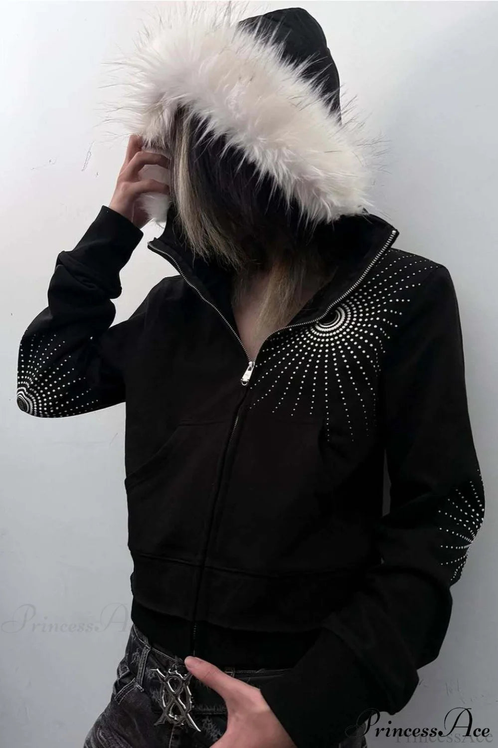 Big Fur Hood Print Zip-Up Hoodie Black / S