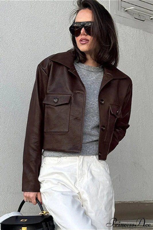 Biker Leather Collared Slim Coat Brown / S