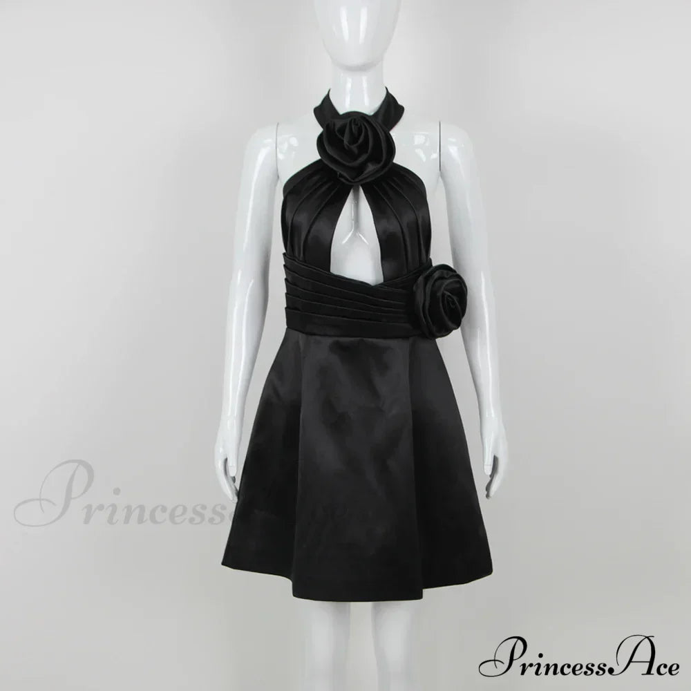 Black 3D Flower Halter Graceful Hollow Out Mini Dress