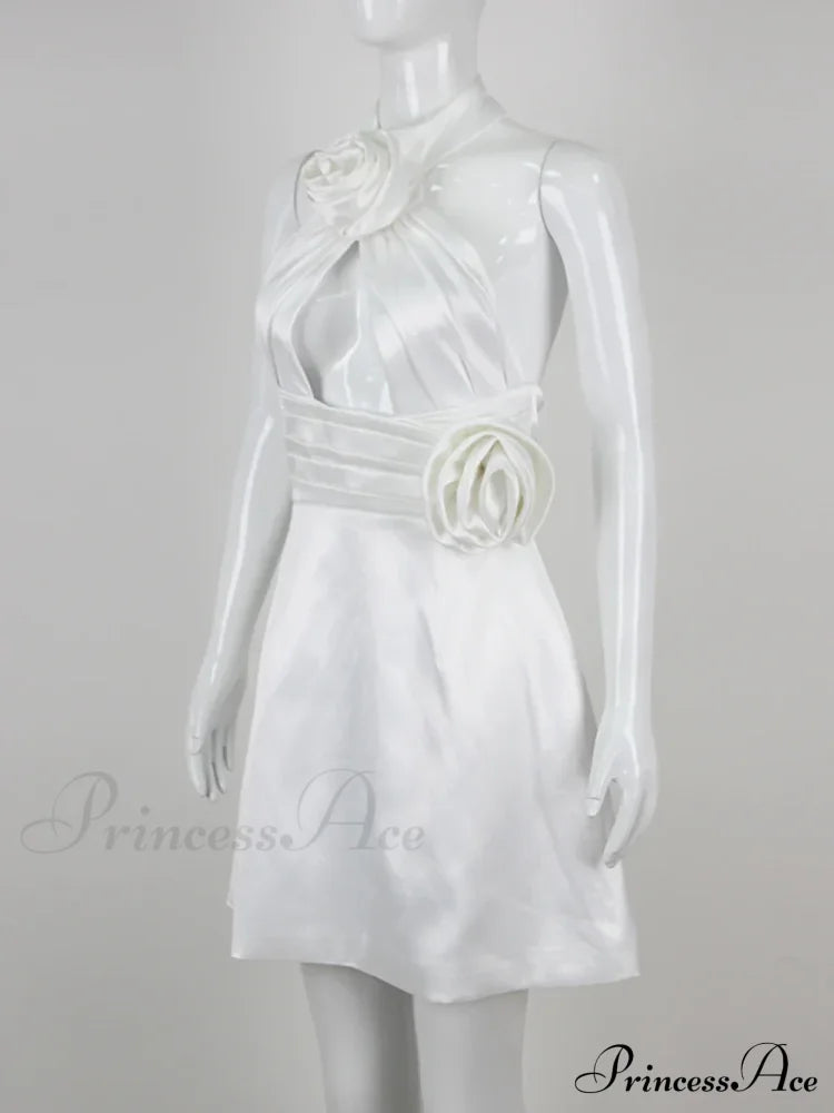 Black 3D Flower Halter Graceful Hollow Out Mini Dress