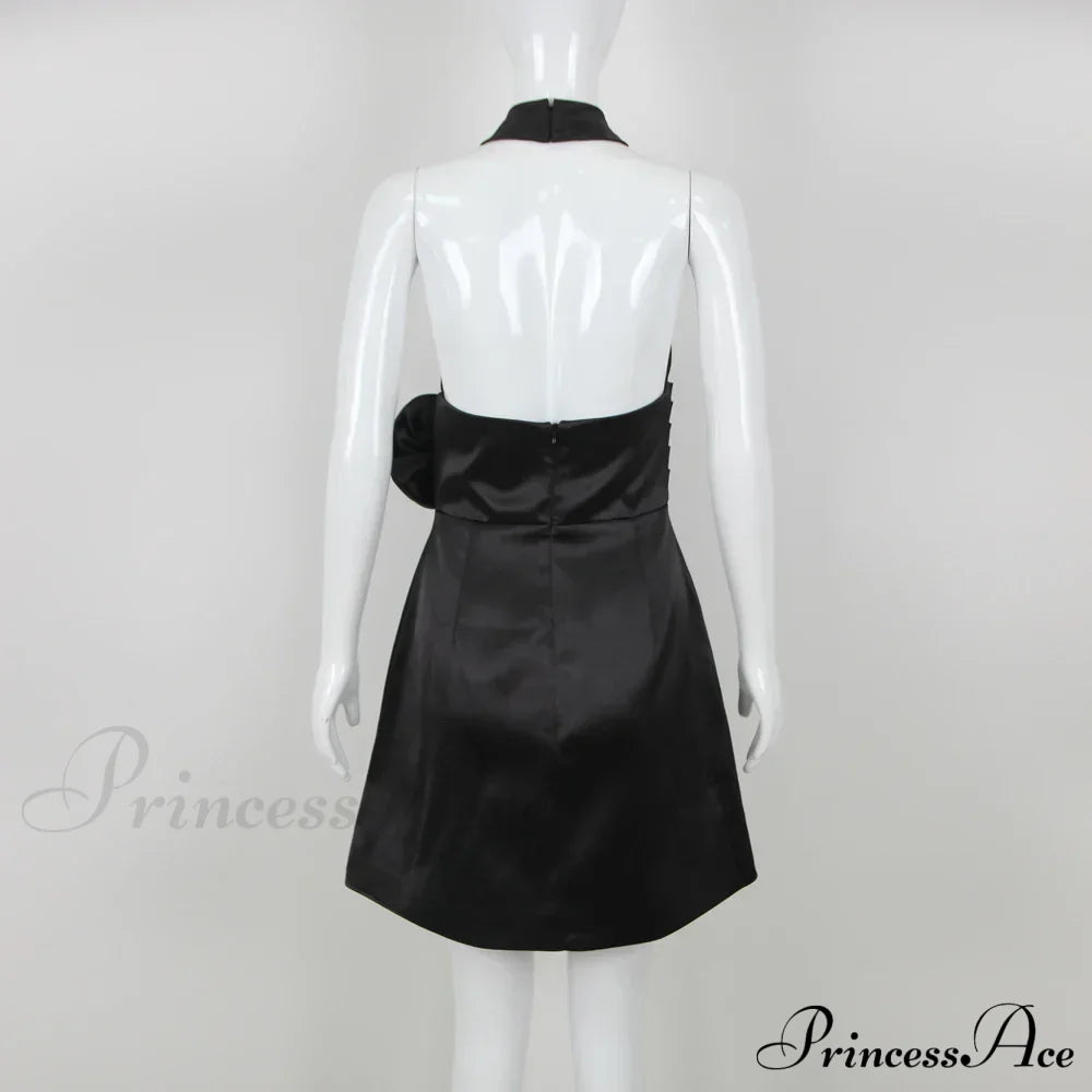 Black 3D Flower Halter Graceful Hollow Out Mini Dress