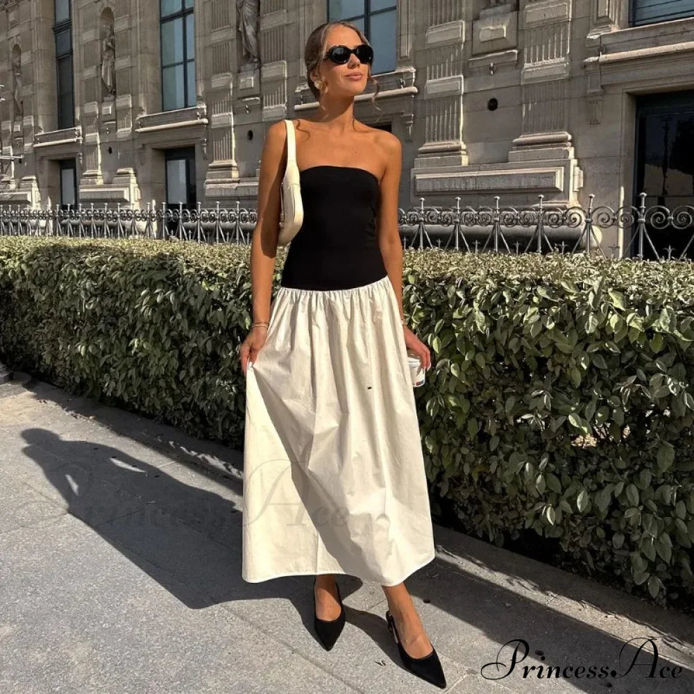 Black And White Charming Colorblock Tube Maxi Dress Open Shoulder Midi