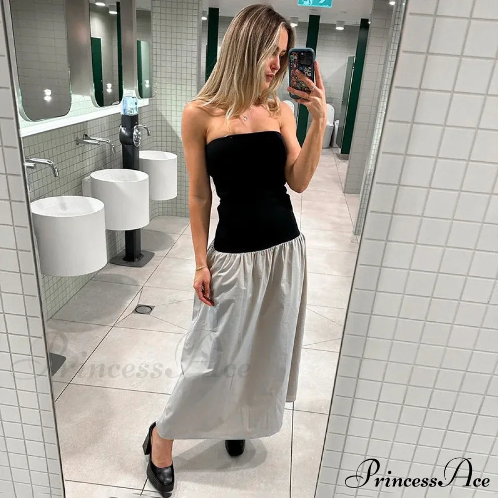 Black And White Charming Colorblock Tube Maxi Dress Open Shoulder Midi