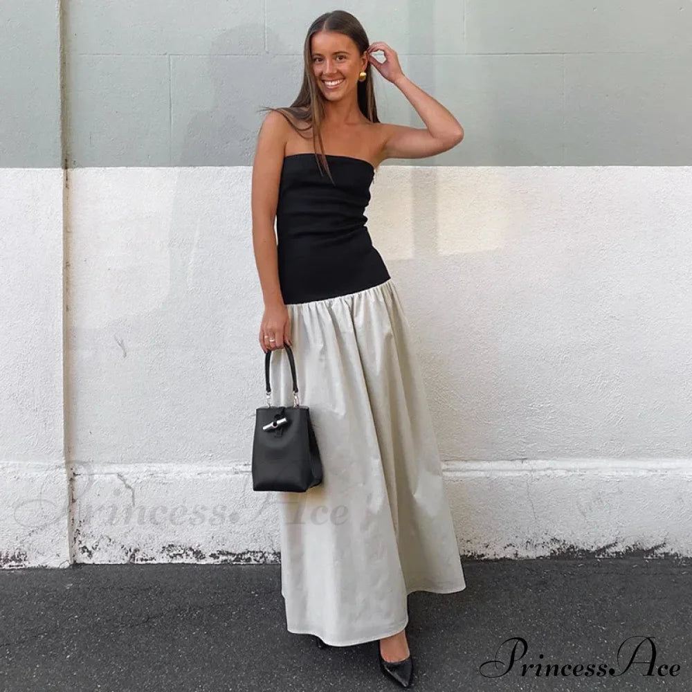 Black And White Charming Colorblock Tube Maxi Dress Open Shoulder Midi