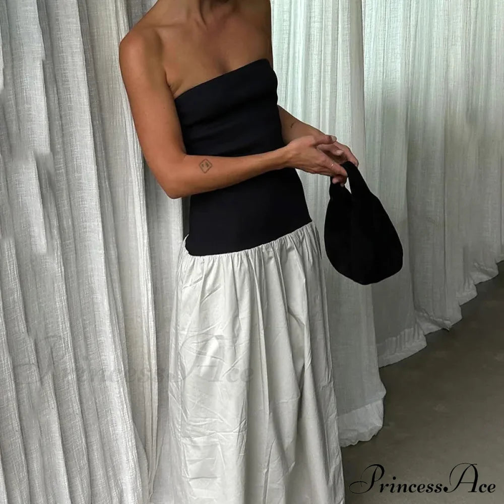 Black And White Charming Colorblock Tube Maxi Dress Open Shoulder Midi