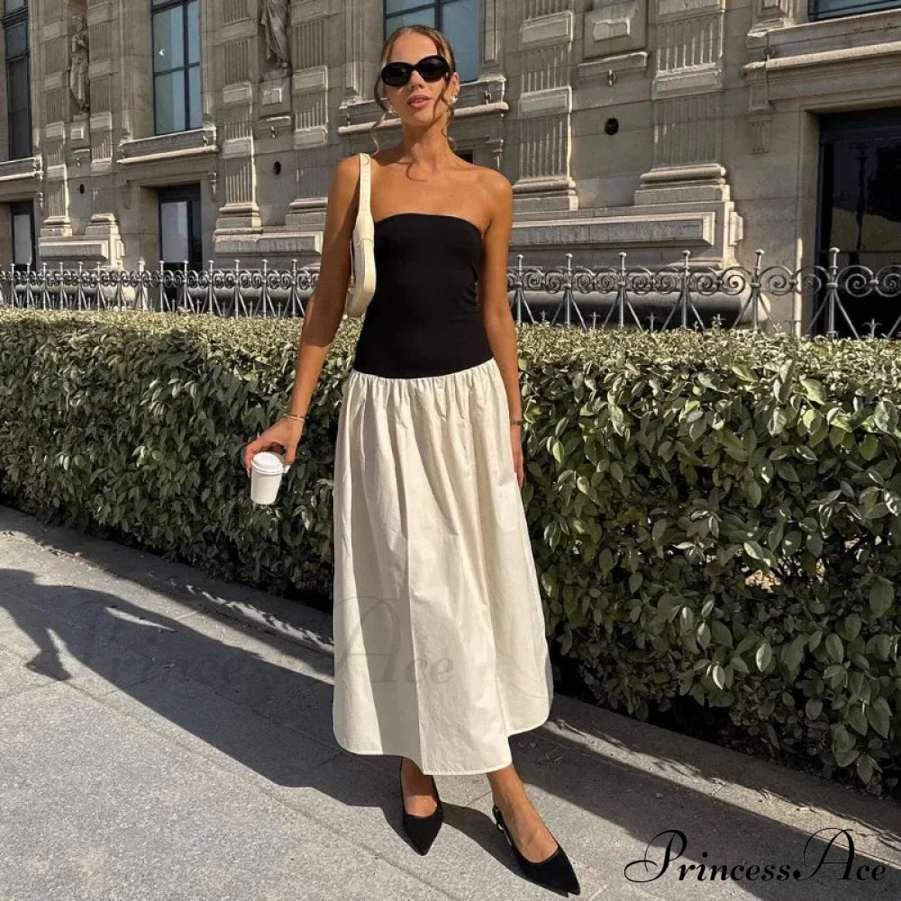 Black And White Charming Colorblock Tube Maxi Dress Open Shoulder Midi