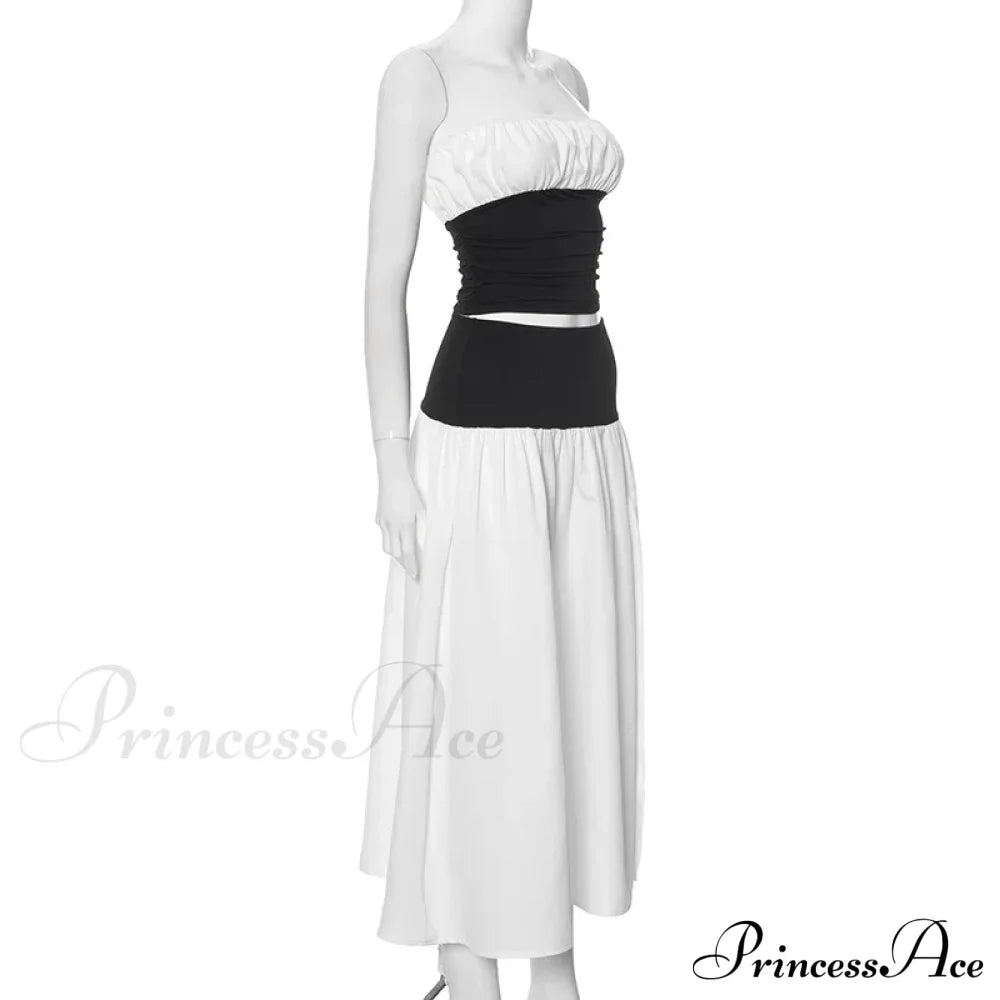 Black And White Patchwork Tube Trendy Top And Slit Long Skirt Set Co-Ord