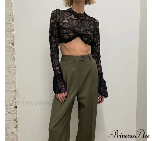 Black Bell Sleeved Charming Lace Crop Top 4 Days / S