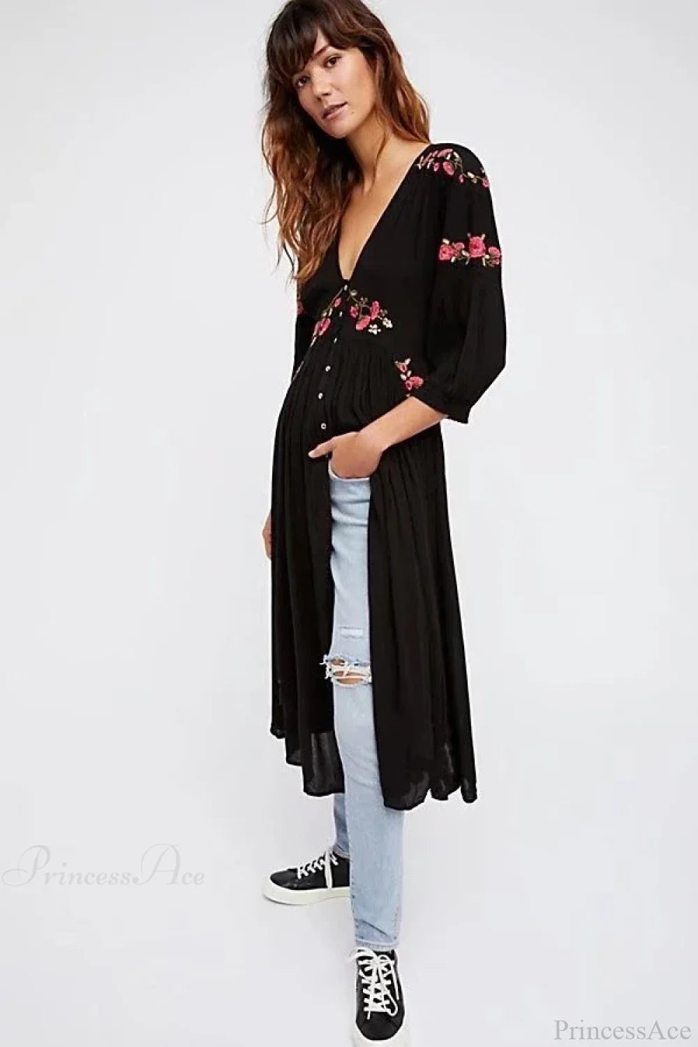 Black Boho Long Dress Floral Embroidery V-neck Hippie Casual Dress bohodress-250126