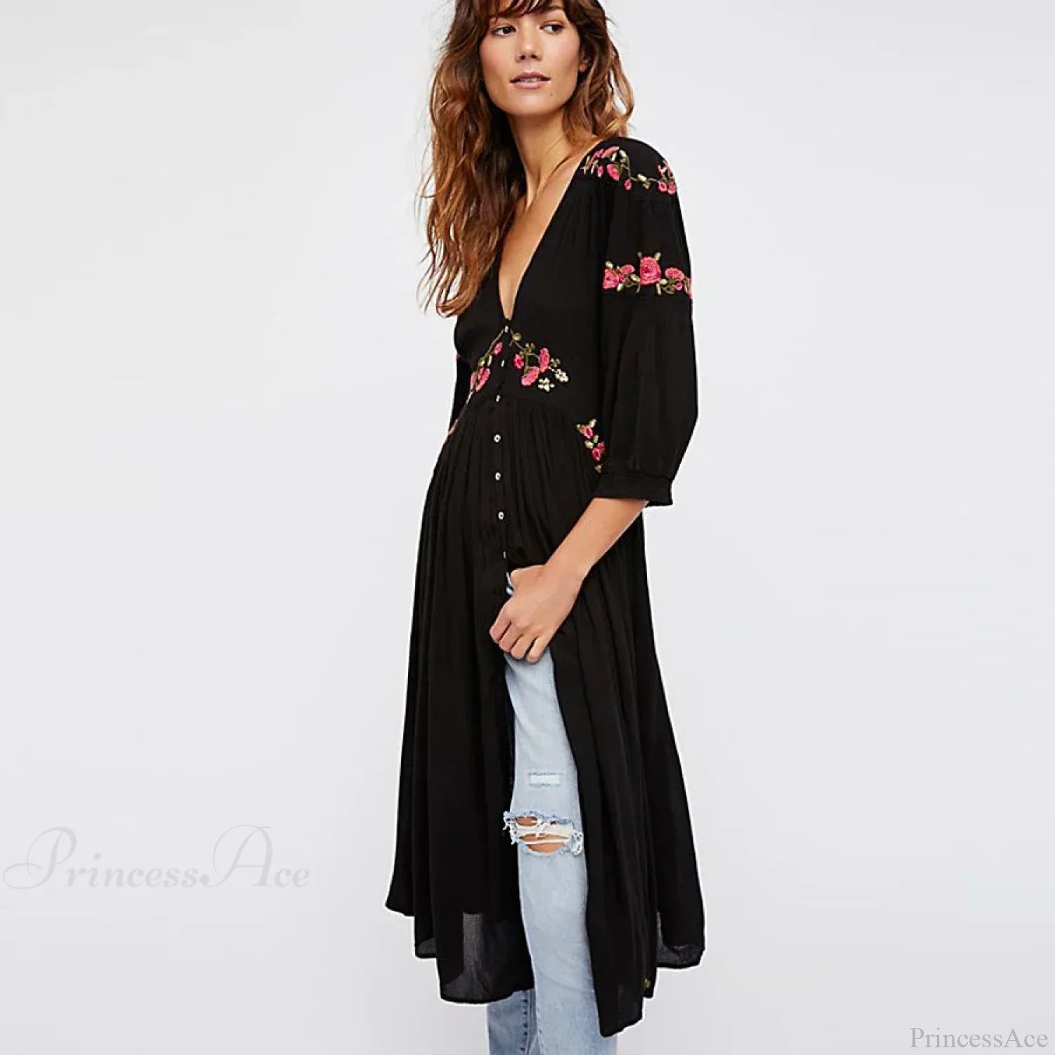 Black Boho Long Dress Floral Embroidery V-neck Hippie Casual Dress bohodress-250126
