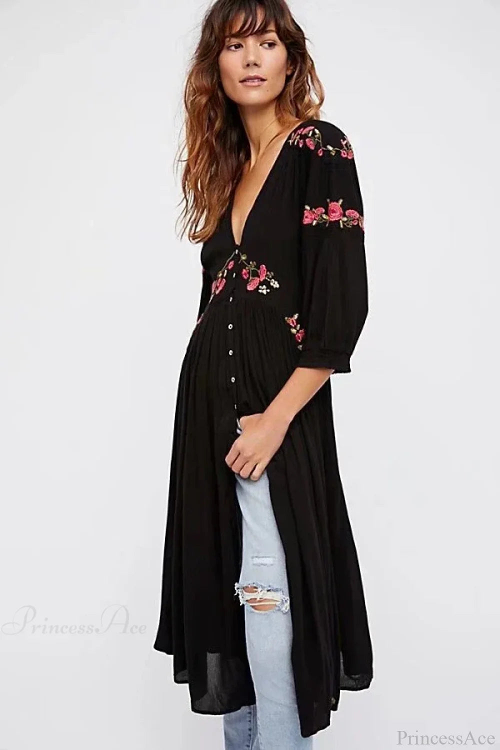 Black Boho Long Dress Floral Embroidery V-neck Hippie Casual Dress Black / S bohodress-250126