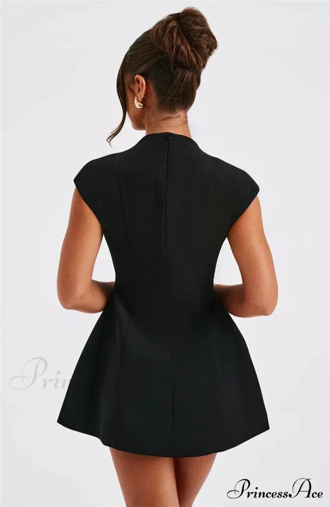 Black Deep Neck Charming Short Sleeve Mini Dress