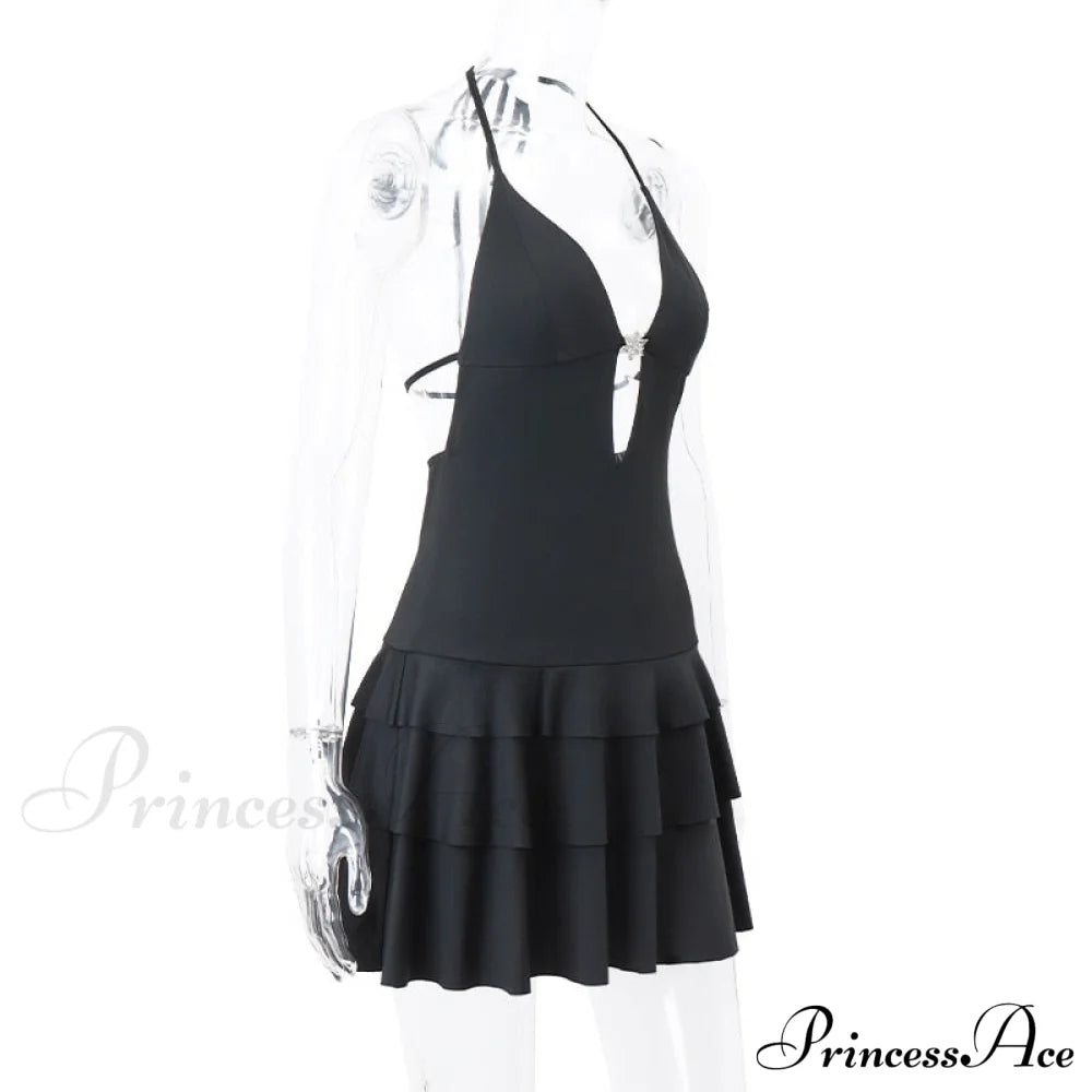 Black Deep V-Neck Charming Backless Frill Mini Dress