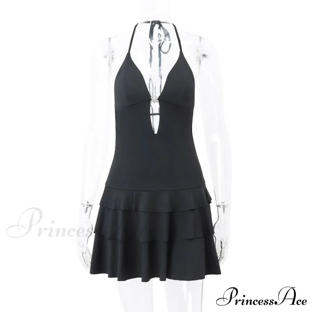Black Deep V-Neck Charming Backless Frill Mini Dress