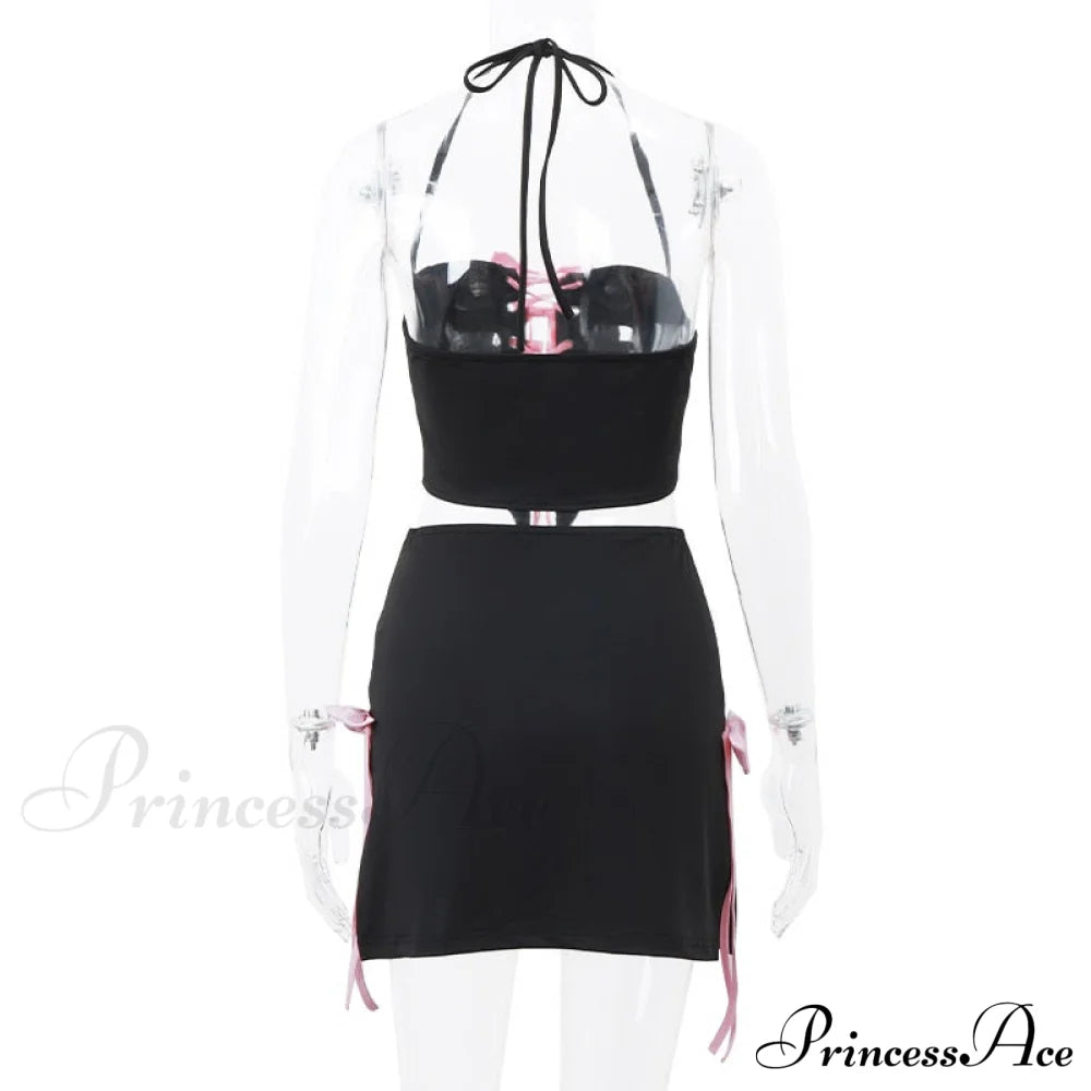 Black Halter Bow Tie Up Trendy Top And Mini Skirt Set