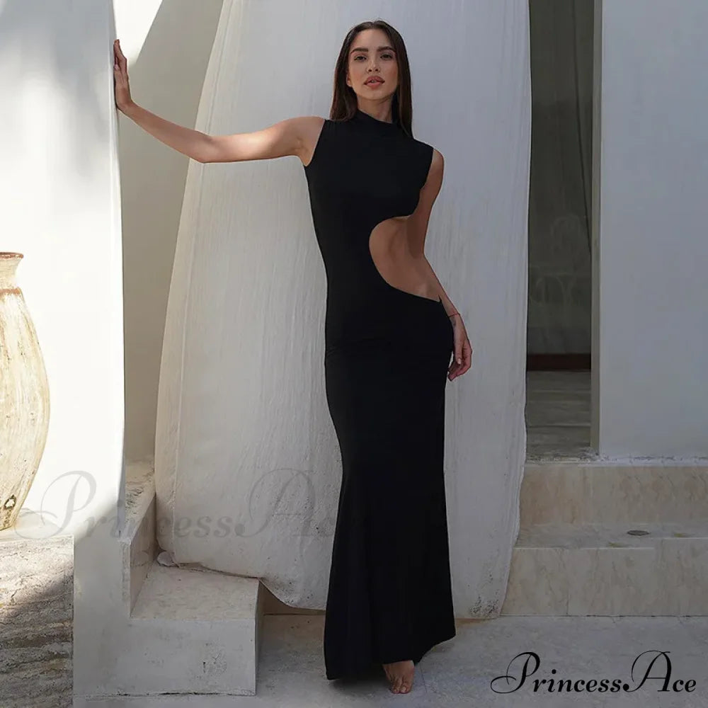 Black Hollow Out Long Women 2024 Sleeveless Bodycon Sexy Maxi Evening Slim Fashion Clubwear Cut
