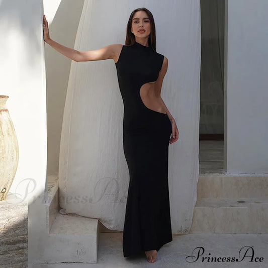 Black Hollow Out Long Women 2024 Sleeveless Bodycon Sexy Maxi Evening Slim Fashion Clubwear Cut