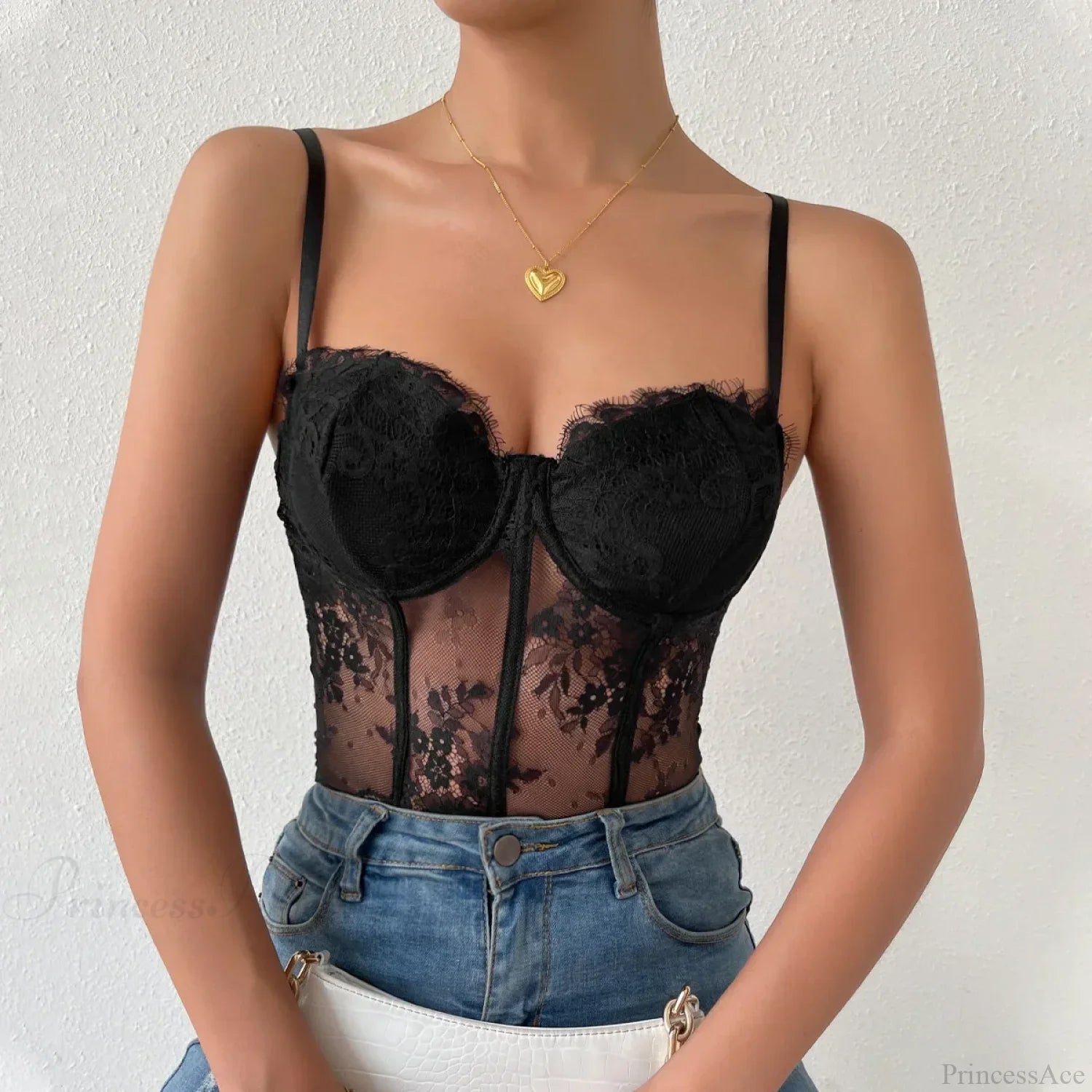 Black Lace Eyelash See-through Fishbone Bustier croptop-250126