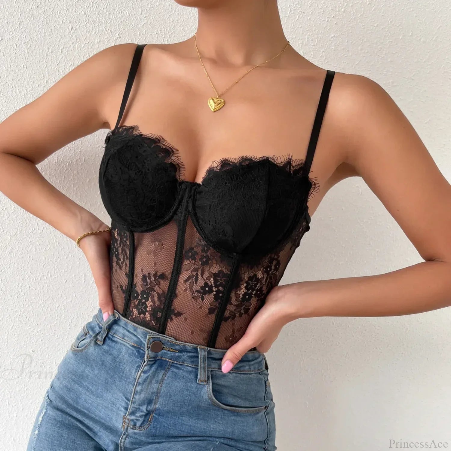 Black Lace Eyelash See-through Fishbone Bustier croptop-250126
