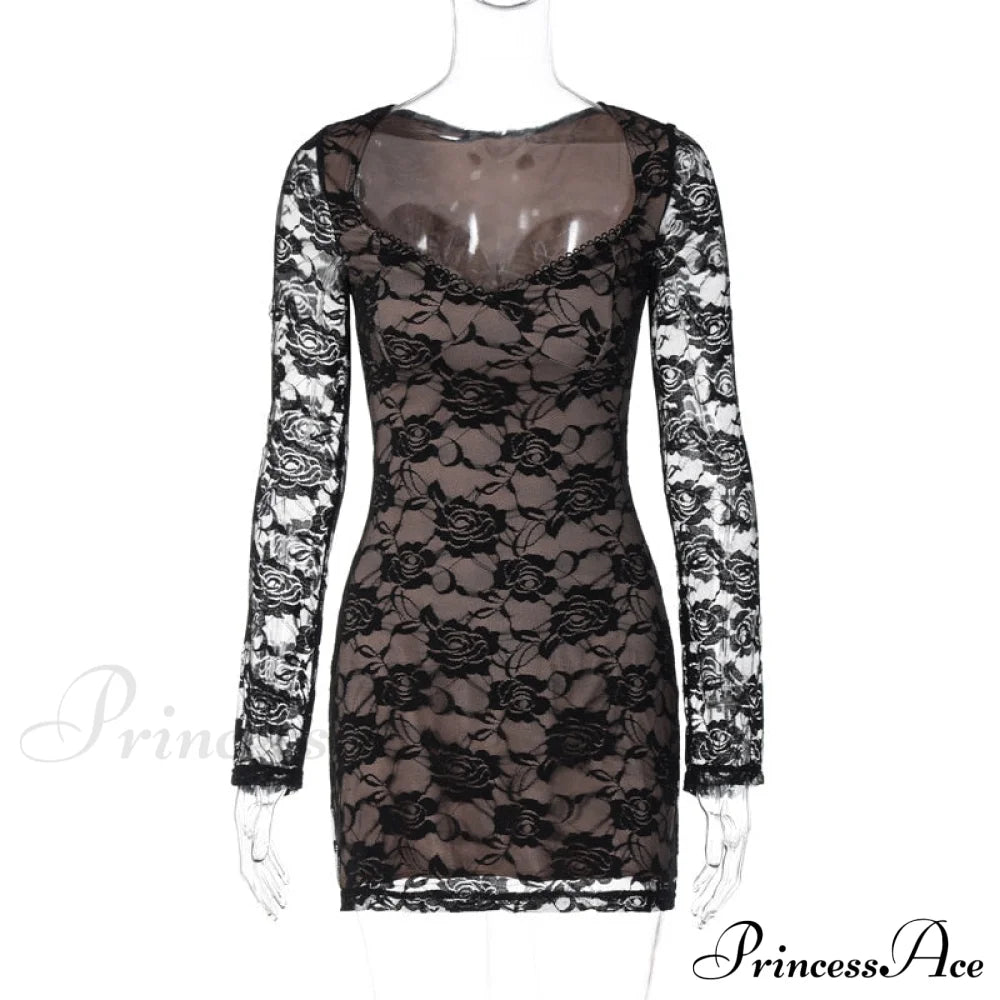 Black Lace Layered Charming Long Sleeve Mini Dress